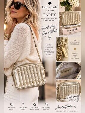 Kate Spade Carey Metallic Gold Quilted Studded Camera Crossbody Bag